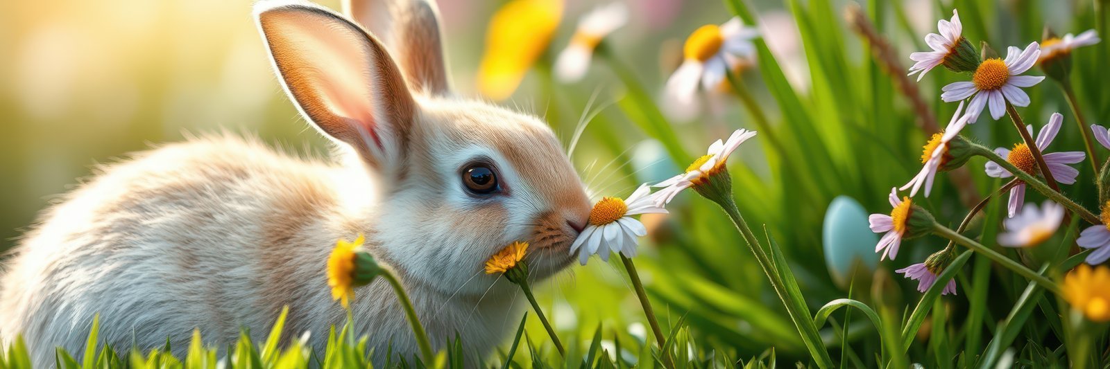 Cute rabbit exploring a field of flowers in the golden hour light during springtime in a serene landscape